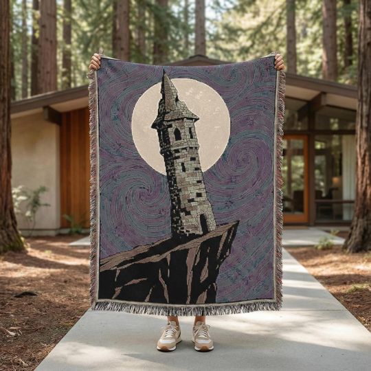 Wizard Tower Woven Blanket - Van Gogh Style Tapestry - Fantasy Castle Decor - Starry Night Art - Magic Landscape Gift - Witchy Moon Throw