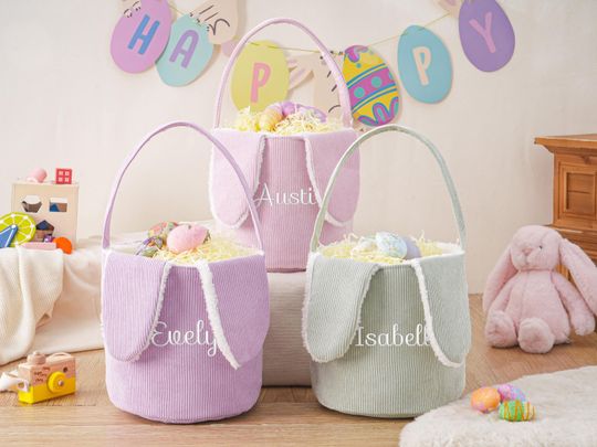 Custom Corduroy Easter Basket with Name,Personalized Easter Bunny Basket,Embroidered Bunny Ear Basket,Easter Egg Hunt Basket,Easter Gifts