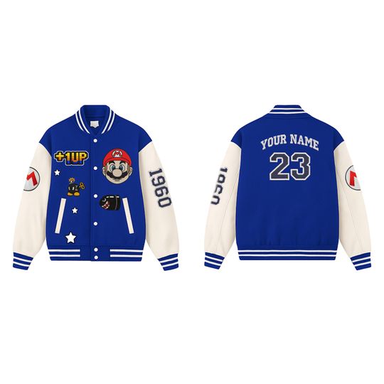 Personalized Super Mario Baseball Varsity Jacket, Video Game Jacket Men, Super Mario Bros Kids Jacket, Mario Birthday Boy Jacket