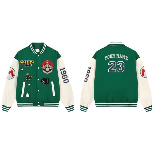 Personalized Super Mario Baseball Varsity Jacket, Video Game Jacket Men, Super Mario Bros Kids Jacket, Mario Birthday Boy Jacket