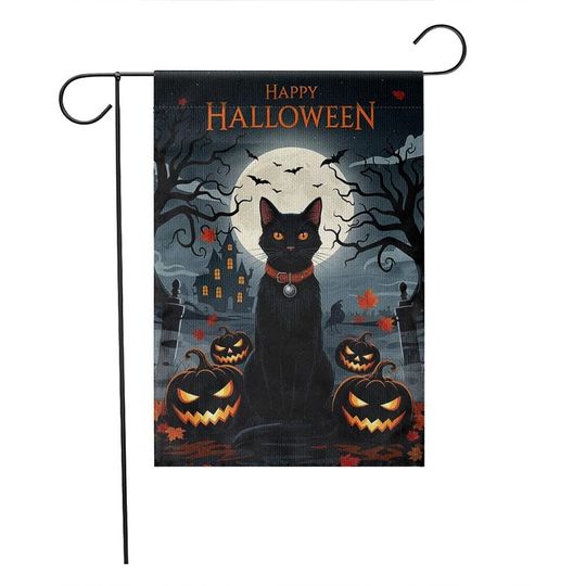 Black Cat Halloween Garden Flag with Pumpkins and Full Moon, Spooky Yard Decor