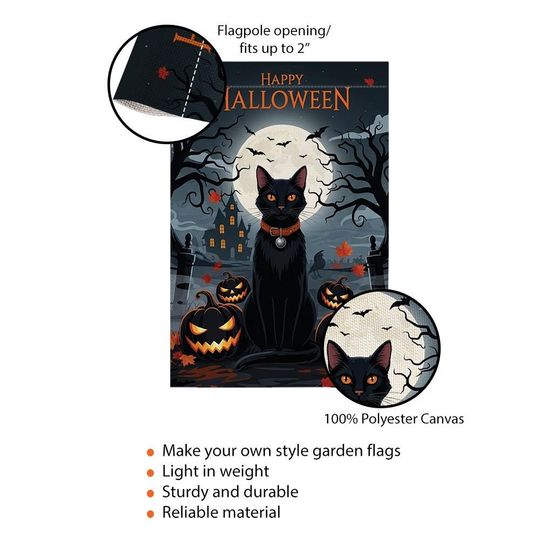Black Cat Halloween Garden Flag with Pumpkins and Full Moon, Spooky Yard Decor