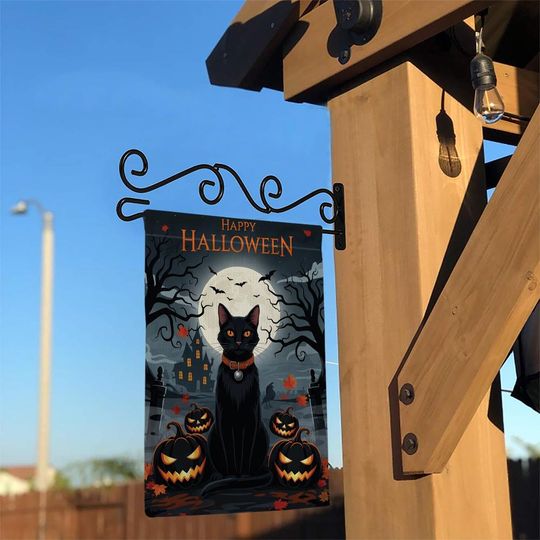 Black Cat Halloween Garden Flag with Pumpkins and Full Moon, Spooky Yard Decor