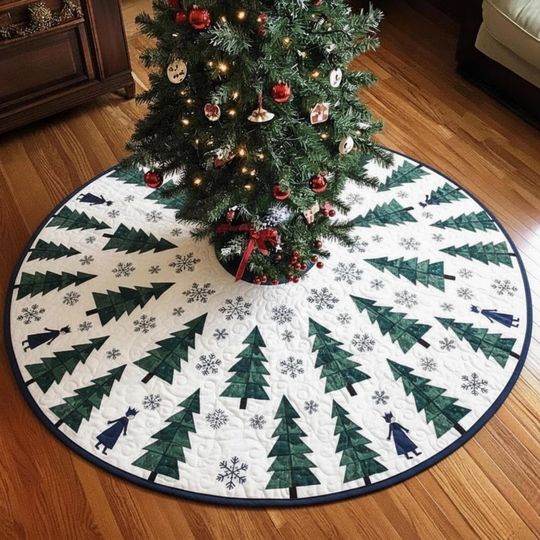 Forest Tree Quilted Tree Skirt, Simple Evergreen Snowflake Winter Decor, White Green Round Xmas Mat