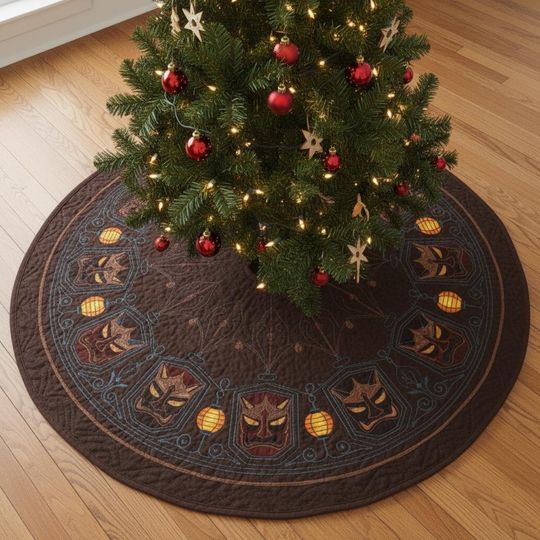 Silent Oni Guardian Circle Tree Skirt, Black & Gold Quilted Xmas Decor, Japanese Demon Mask Design, Unique Holiday Decoration