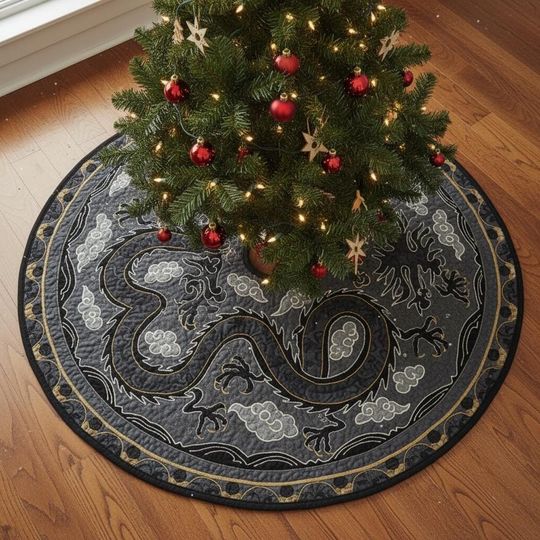 Guardian Dragon's Shadow Tree Skirt, Dark Gray Quilted Xmas Decor, Asian Fantasy Lunar New Year Theme, Unique Holiday Decoration