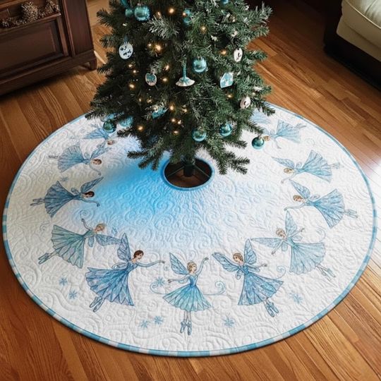 Blue Fairy Christmas Tree Skirt, Winter Fairy Circle Skirt, Snowflake Ballet Holiday Decor, Quilted Xmas Tree Mat  Christmas Tree Skirt