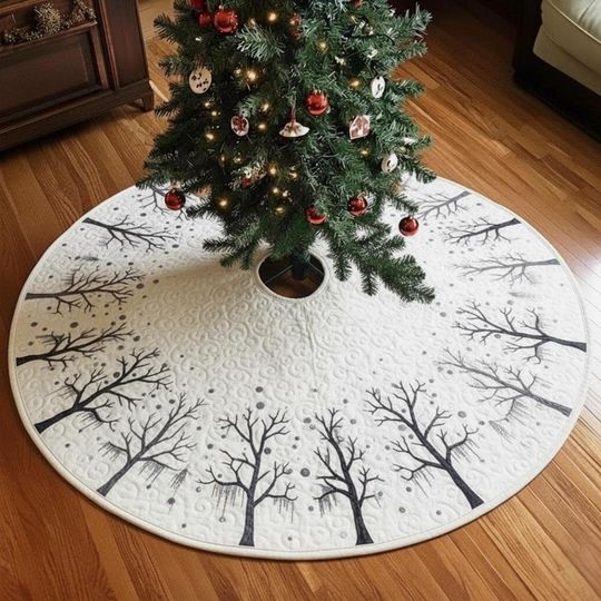 Frosted Forest Tree Skirt, Enchanted Winter Tree Design, Quilted Christmas Decor, Black & White Tree Holiday Decoration