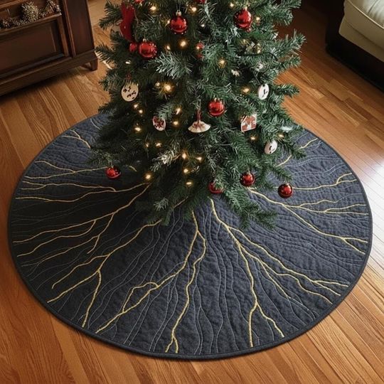 Gilded Bark Kintsugi Ring Tree Skirt, White & Gold Quilted Xmas Decor, Modern Rustic Accent, Cracked Wood Grain Pattern