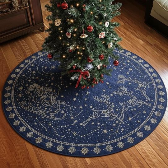 Gilded Constellation Santa Quilted Tree Skirt, Navy Blue Gold Night Flight Holiday Decor, Celestial Mat