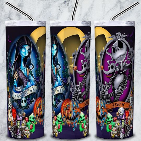 20oz Jack Skellington and Sally Halloween Spooky Season Skinny & Tapered Wrap, Couple Halloween Tumbler, Nightmare before Christmas Design