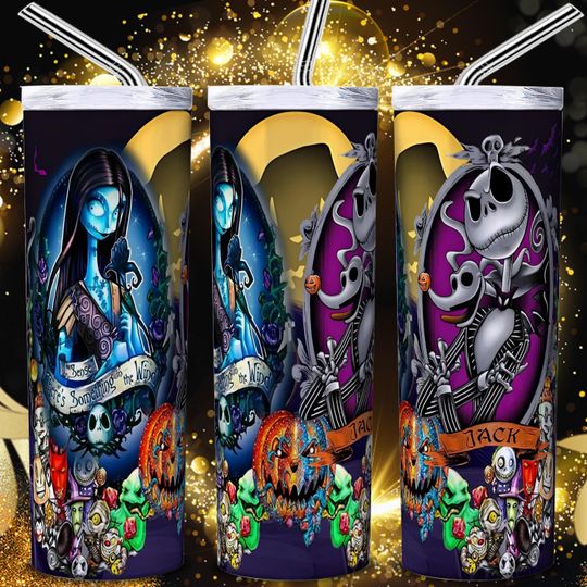 20oz Jack Skellington and Sally Halloween Spooky Season Skinny & Tapered Wrap, Couple Halloween Tumbler, Nightmare before Christmas Design