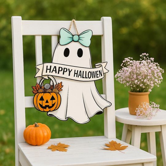 Ghost Door Sign: Spooky Wooden Hanging Sign