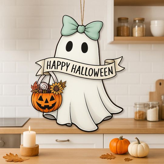 Ghost Door Sign: Spooky Wooden Hanging Sign