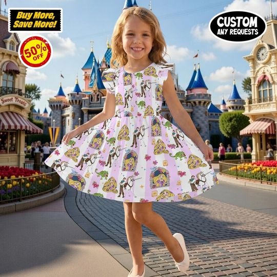 Playful Doodle Rapunzel Purple Plaid Ruffle Dress, Tangled Tower Pascal Bow Outfit, Princess Birthday Girl Summer Vacation Twirl Dress Gift