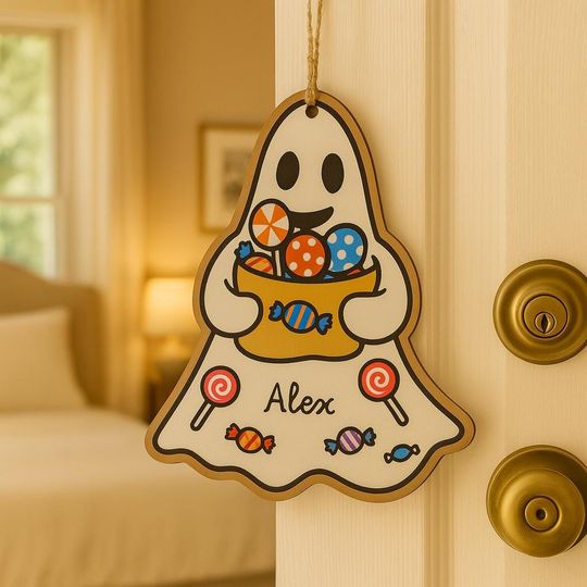 Halloween Customized Name Wooden Candy Ghost Pendant  Personalized Spooky Hanging Decoration for Kids & Home