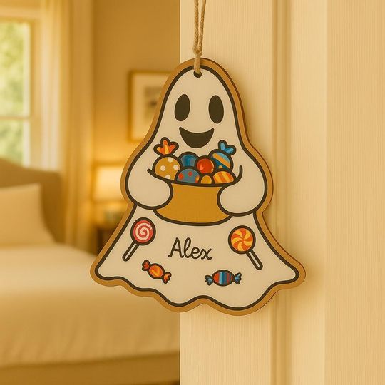 Halloween Customized Name Wooden Candy Ghost Pendant  Personalized Spooky Hanging Decoration for Kids & Home