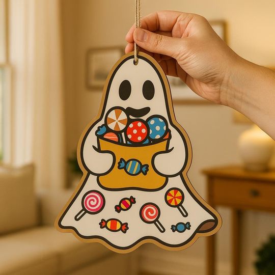 Halloween Customized Name Wooden Candy Ghost Pendant  Personalized Spooky Hanging Decoration for Kids & Home