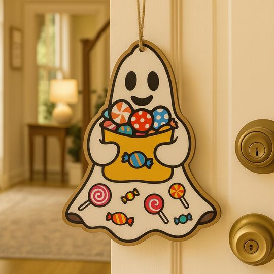 Halloween Customized Name Wooden Candy Ghost Pendant  Personalized Spooky Hanging Decoration for Kids & Home