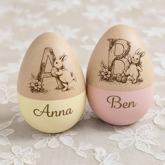 Colorful Wooden Easter Eggs with Personalization, Custom Letter Decor Gift