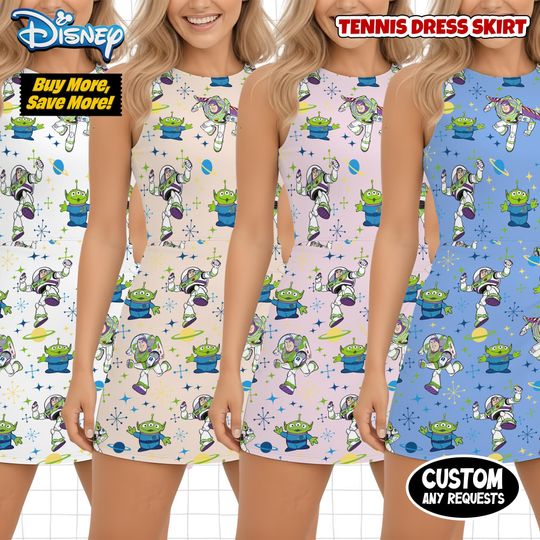 Buzz Lightyear and Aliens Tennis Dress Skirt, Toy Story Disney Athletic Wear, Space Ranger Running Dress, Disney World Vacation Outfit