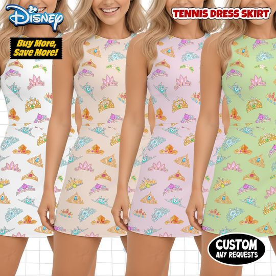Disney Princess Tiara Tennis Dress Skirt, Multi Princess Crown Athletic Wear, Disney World Vacation Outfit, Royal Princess Skort