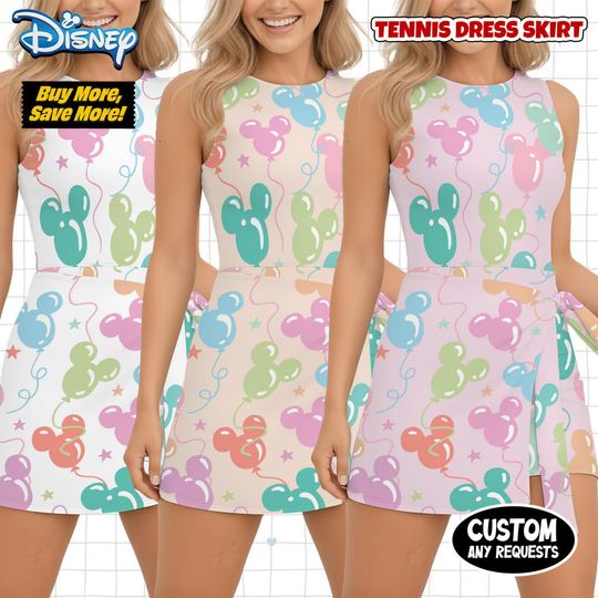 Mickey Balloons Tennis Dress Skirt, Disney Pastel Birthday Outfit, Mickey Mouse Athletic Wear, Magic Kingdom Dress, Disney Running Skirt