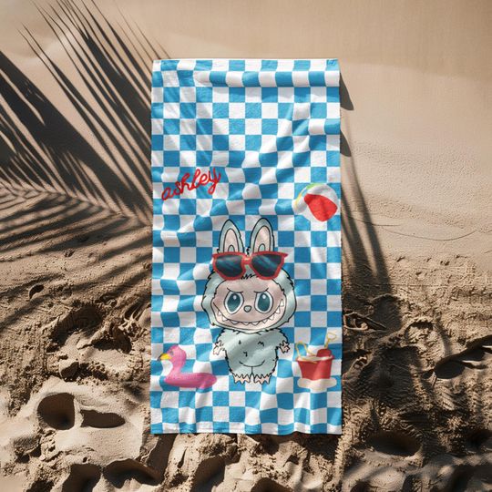 Personalized Labubu Style Beach Towel - Custom Name - Modern Design - Summer Colors