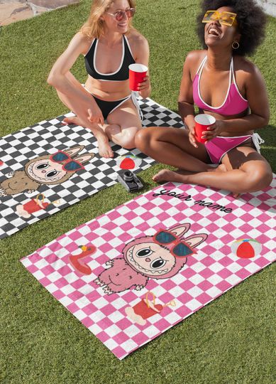 Personalized Labubu Style Beach Towel - Custom Name - Modern Design - Summer Colors