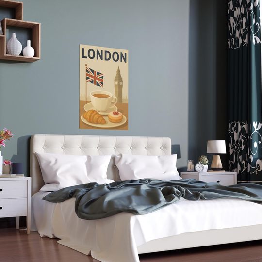 London Tea Time Silk Poster British Cafe Decor with Union Jack