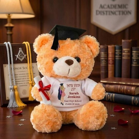 Custom Photo Graduation Teddy Bear, Personalized Grad Plush Gift, Class of 2026 Bear with Name, School Year Keepsake