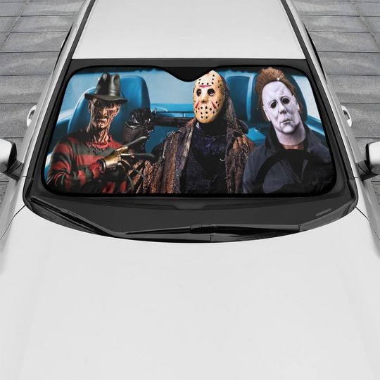 Slasher Squad Car Sun Shade  Freddy, Jason & Michael Carpool from Hell