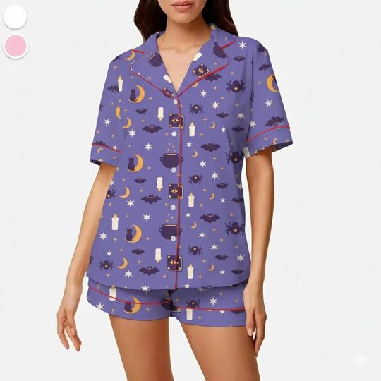 Halloween Black Cat Pajama Set, Cute Halloween Loungewear