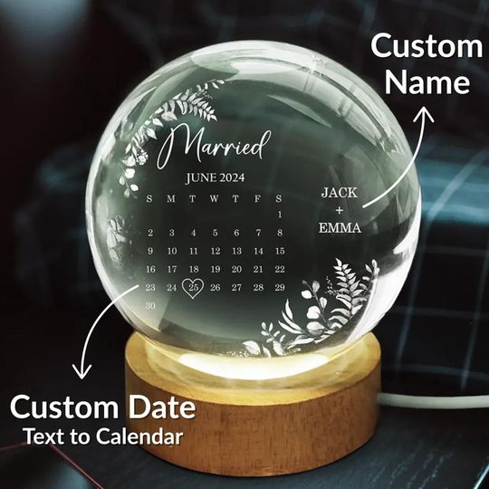 Personalized Crystal Globe Lamp: Engraved Calendar Wedding Keepsake