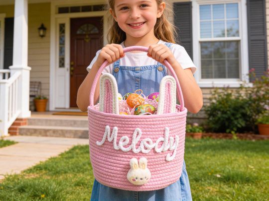 Personalized Easter Basket,Custom Name Basket for Kids,Easter Gift for Kids,Easter Egg Hunt Gift Basket,Rope Baby Basket,Bunny Basket