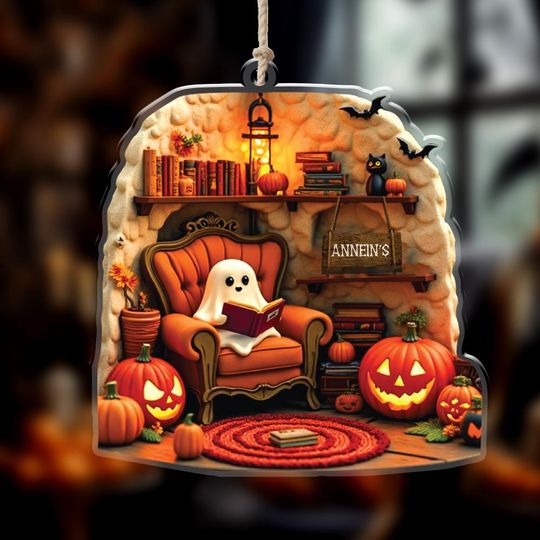 Custom Acrylic Ghost Reading Book Ornament  Spooky Halloween Decor, Haunted Holiday Decoration & Fun Halloween Gift 2025