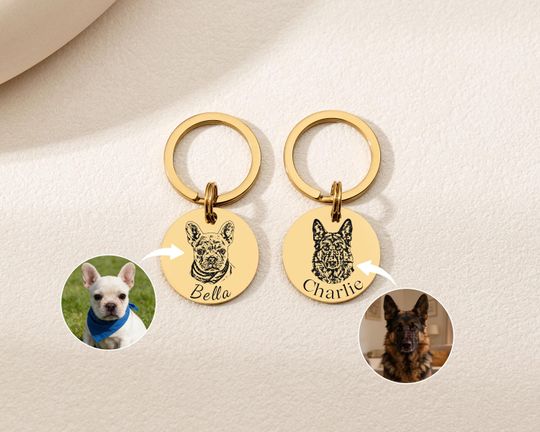 Personalized Dog & Cat Photo Keychain, Custom Pet Portrait Keyring, Stainless Steel Memorial Gift
