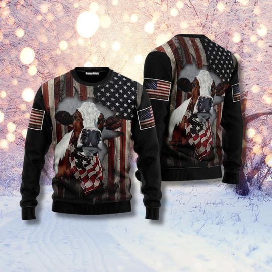 Patriotic Cow Ugly Christmas Sweater, American Flag Heifer, Ugly Xmas Knit