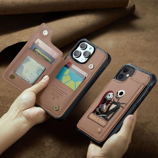 Personalized Jack and Sally PU Leather Wallet Phone Case - Halloween Gift