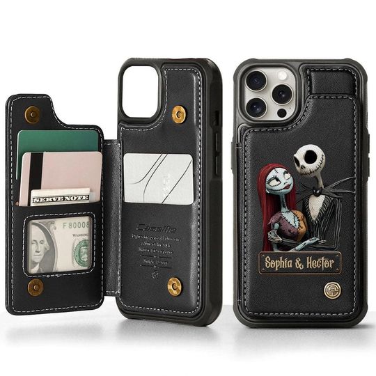 Personalized Jack and Sally PU Leather Wallet Phone Case - Halloween Gift