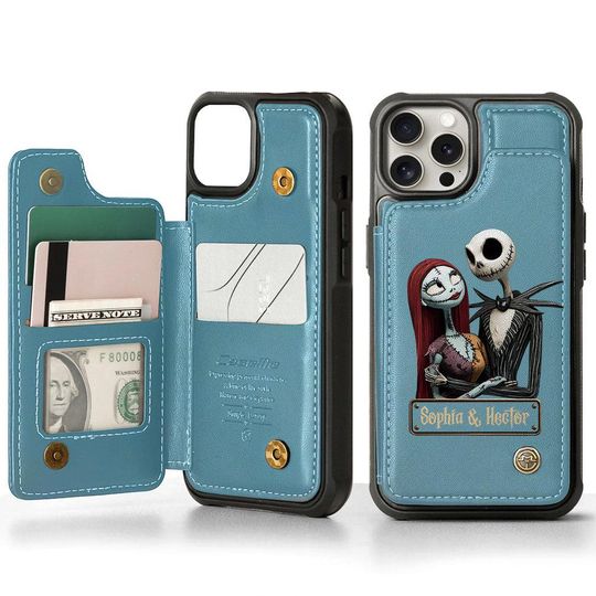 Personalized Jack and Sally PU Leather Wallet Phone Case - Halloween Gift