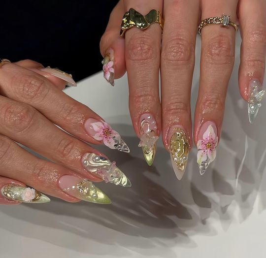 3D Flower Stiletto Press On Nails, Olive Green Chrome, Transparent Gel Design, Pearl Decor