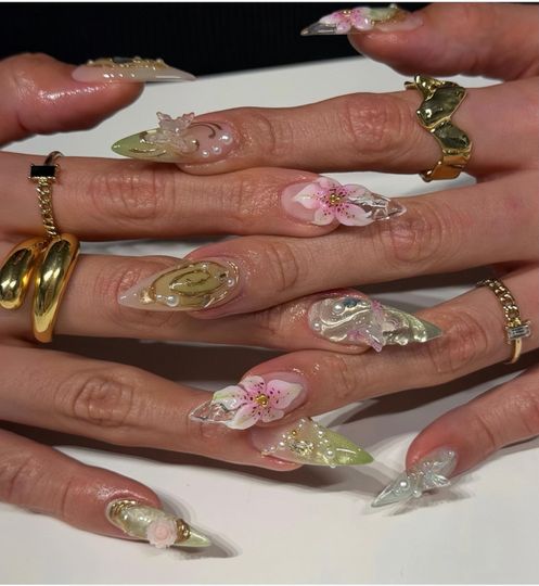 3D Flower Stiletto Press On Nails, Olive Green Chrome, Transparent Gel Design, Pearl Decor