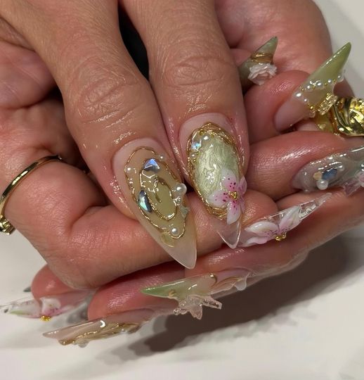3D Flower Stiletto Press On Nails, Olive Green Chrome, Transparent Gel Design, Pearl Decor