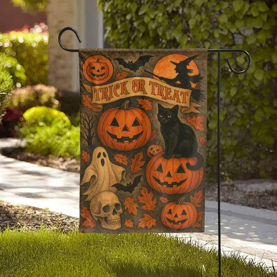 Halloween Trick or Treat Black Cat Garden Flag, Spooky Pumpkin Fall Decor