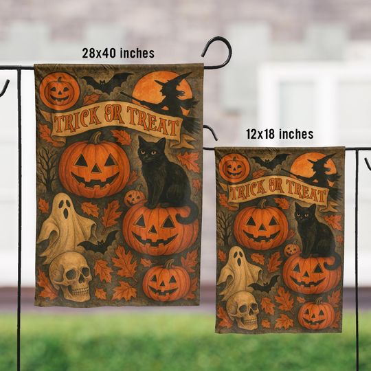 Halloween Trick or Treat Black Cat Garden Flag, Spooky Pumpkin Fall Decor
