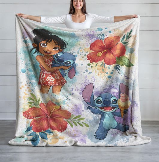 Lilo and Stitch Fleece Blanket, Sherpa Plush, Hawaiian Tropical Design, Cartoon Movie Lover Cozy Blanket