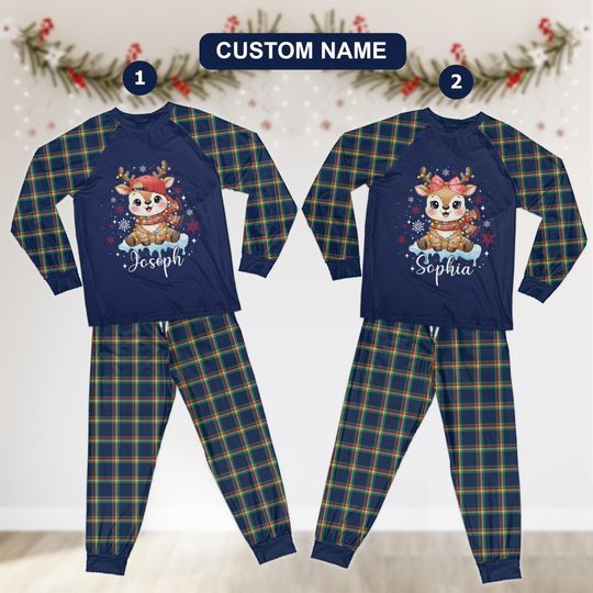 Custom Name Reindeer Christmas Pajamas Set
