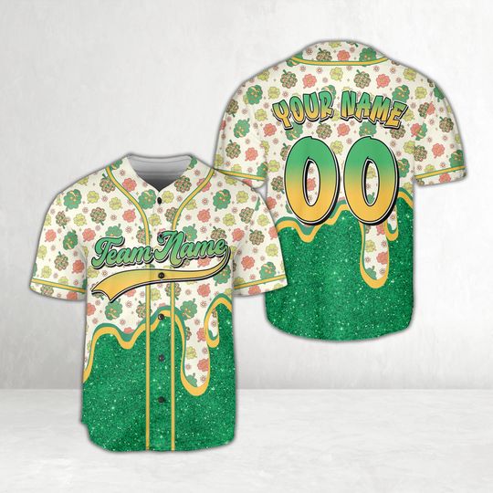 Dripping St Patrick Baseball Jersey, Custom Name Lucky Shamrock Charm, Personalized Irish Holiday Gift, Clover, Green Beer Drip Jersey
