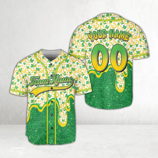 Dripping St Patrick Baseball Jersey, Custom Name Lucky Shamrock Charm, Personalized Irish Holiday Gift, Clover, Green Beer Drip Jersey